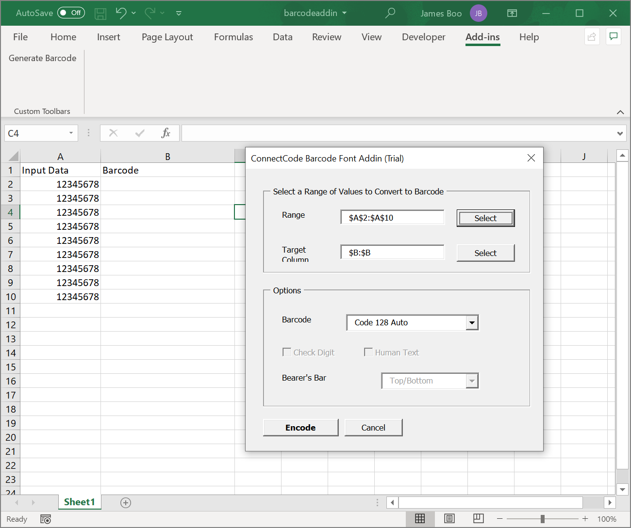 how to get activebarcode in excel 2013